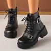 Fashion Punk Gothic Platform Ankle Boots for Women Chunky Heel Lace Up Black Combat Boots Women Buckle Strap Rivets Motorcycle Booties