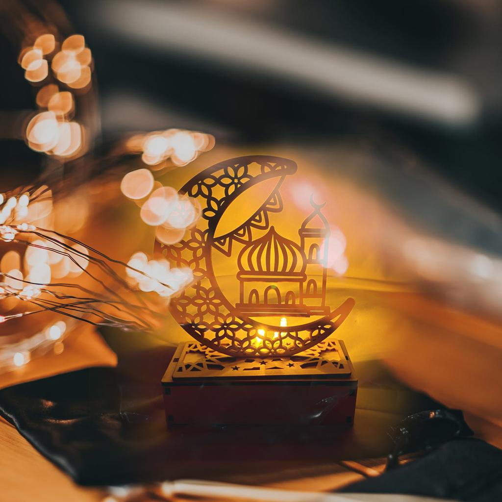 Eid Ramadan Night Lights Wooden Moon Light Ramadan Eid Mubarak Desk Lamp Crescent Party LED Fairy