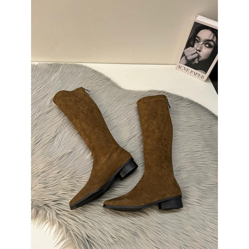 Thick Heel Vintage Suede Long Boots Women's Shoes Year Skinny Boots Medium Knight Boots