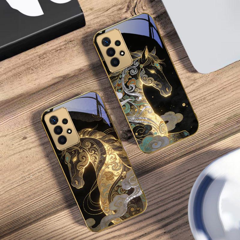 Ruishou Golden Steed Для Samsung A73 A72 A71 A42 A56 A55 A54 A53 A52s A52 A51 A36 A35 A34 A33 A32 A16 14 Золотой стеклянный чехол для телефона