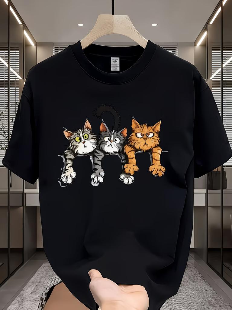 Funny Cat T Shirt Three Cartoon Cats Graphic Tee Kawaii Animal Art Top Harajuku Streetwear Casual Unisex Short Sleeve Tshirt Unisex