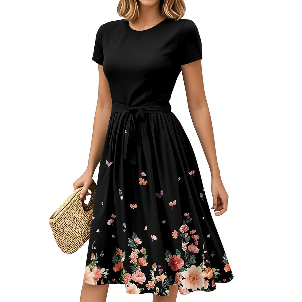 Женская мода Повседневный пояс С коротким рукавом Круглый вырез Геометрический принт Сплайсинг Элегантные платья с темпераментом