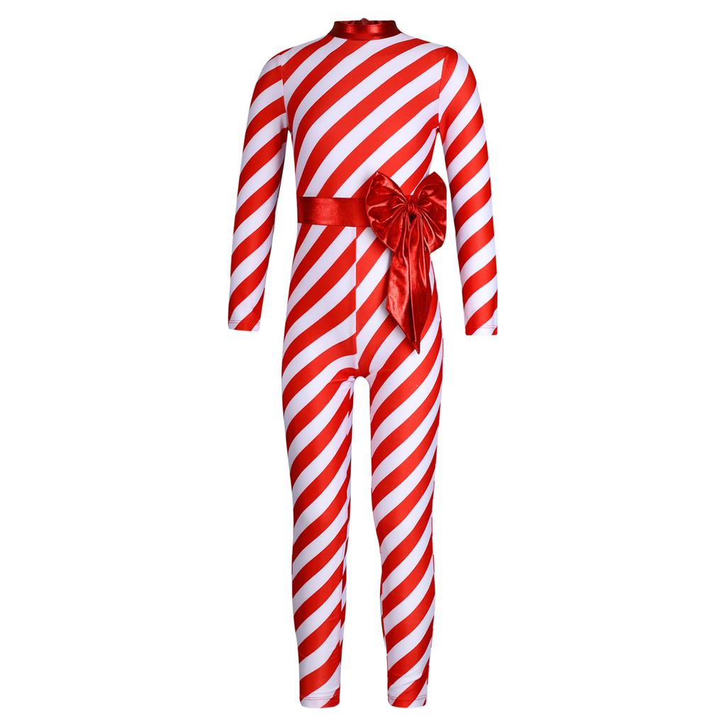 Kids Girls Candy Cane Striped Christmas Costume Long Sleeve Bow-knot Long Bodysuit Dance Jumpsuit Costume Dancewear