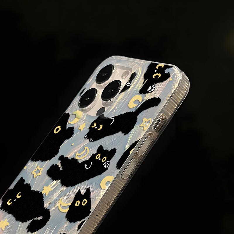 Cute Black Cat Phone Case For iPhone 17 Air Case iPhone17 16 15 11 12 13 14 Pro Max Plus Laser Silver Feather Texture Shockproof Cover