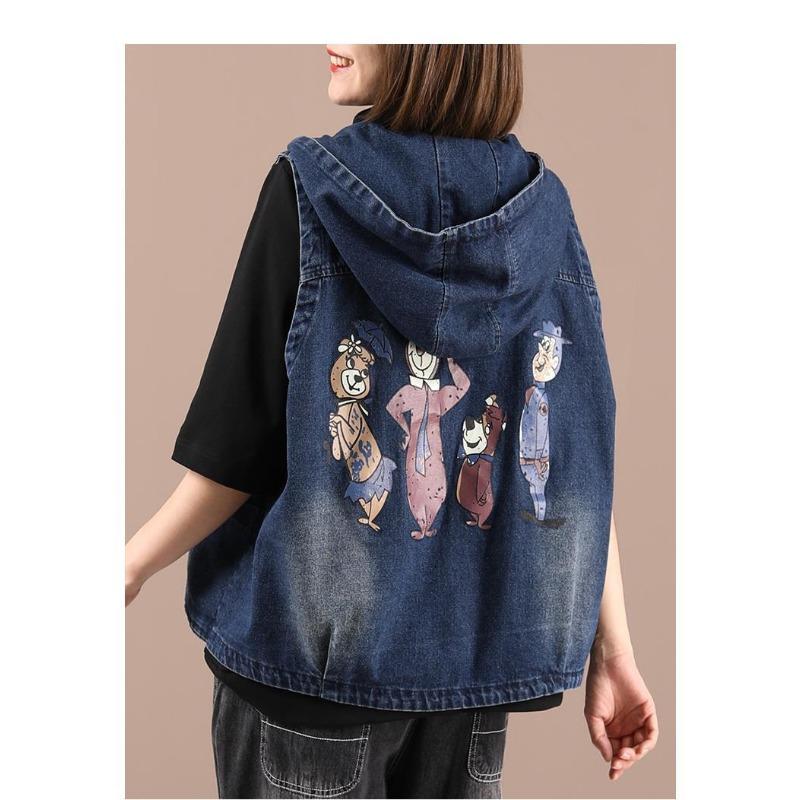 Printed Hooded Denim Vest Women's Loose Oversized Jacket Loose Casual Short Top New Fashion Autumn