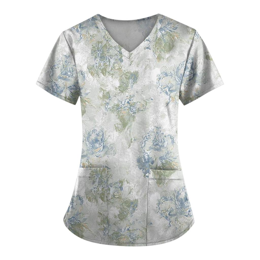 Plus Size Printed Scrub Working Uniform Tops For Women's V-Neck Print Short Sleeve Fun T-Shirts Workwear Tee With Pockets