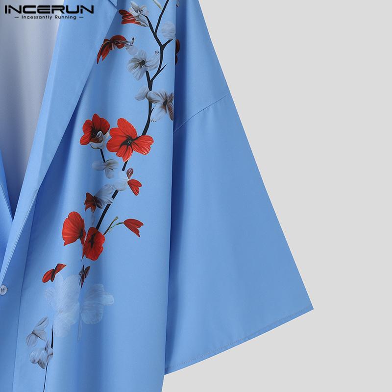 INCERUN Мужские кардиганы с воротником с лацканами и V-образным вырезом, рубашки, кимоно с цветочным принтом