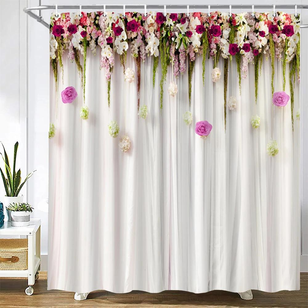Home Shower Curtains For Bathroom Waterproof Fabric Nordic Style Artificial Flower Wall Pattern Bathroom Curtains Shower Curtain