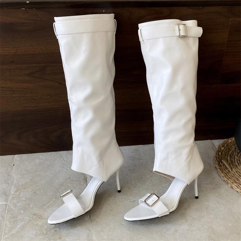 Модные Eilyken Новая Мода Пип-То Женские Сапоги до Колена Босоножки Дизайнерская Пряжка на Ремне Тонкий Высокий Каблук Гладиаторская Женская Обувь