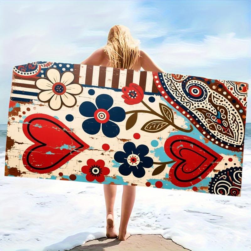 Retro Floral Heart Print Beach Towel - Super Absorbent Quick Dry Microfiber, Vintage Boho Pattern Blanket for Picnic & Outdoor