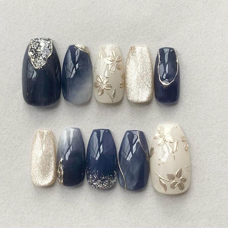 24Pcs Y2K Romantic Blue Gradient French Tip Gold Moon Star Almond Press On Nails Fake Nail Tips For Women