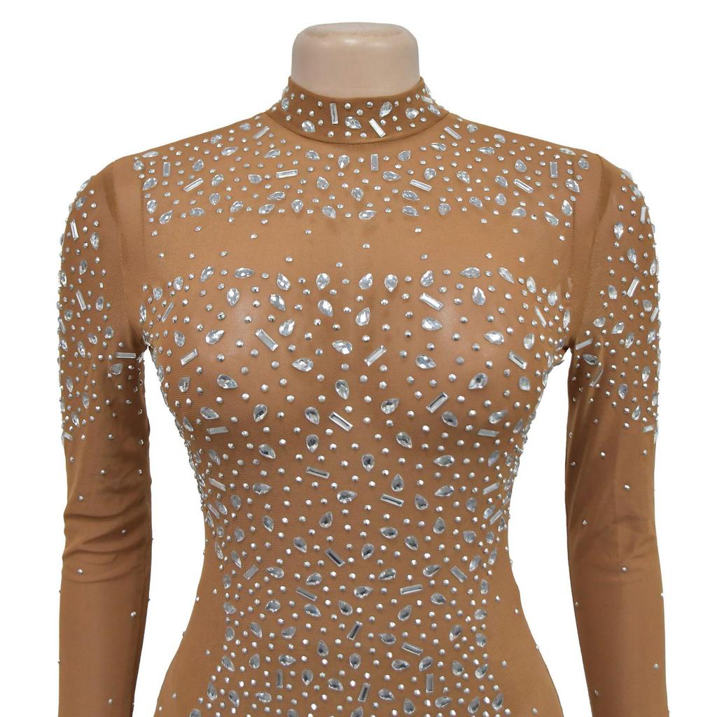 C6890 Европейское и американское женское однотонное платье макси с длинным рукавом из сетки и горячей приклейкой