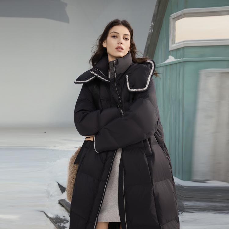 ELLE French Basic Color Block Zipper Fashion Design 90 White Duck Down Casual Versatile Long Sleeve Hooded Warm Puffer Jacket Women outerwear EY52954