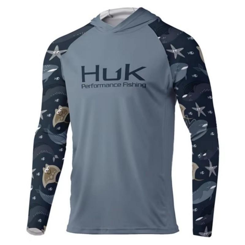 HUK Mens Long Sleeve Hooded Fishing Shirt UPF50 Breathable Quick Dry Clothing