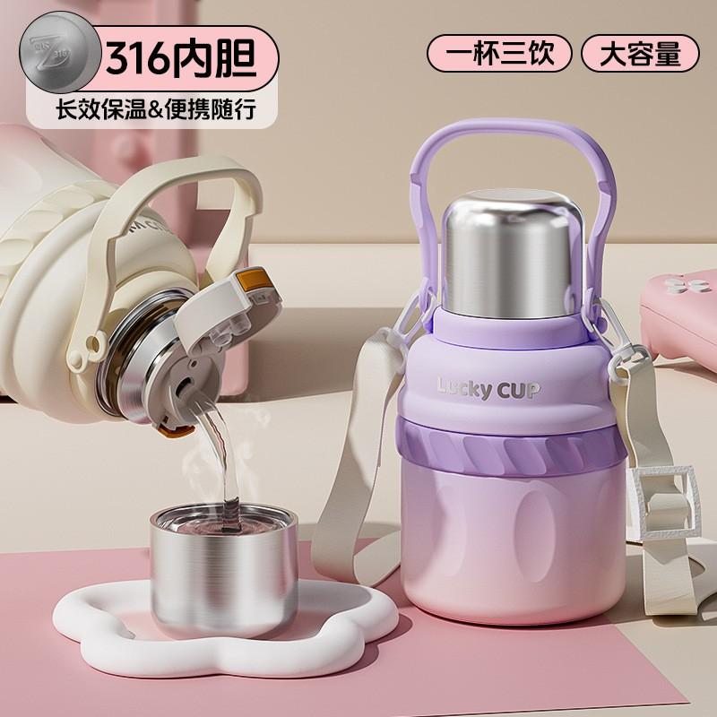 Large Capacity Vacuum Insulated Stainless Steel Water Bottle Women 800-1500ml Triple-Lid Design Portable Travel Cup