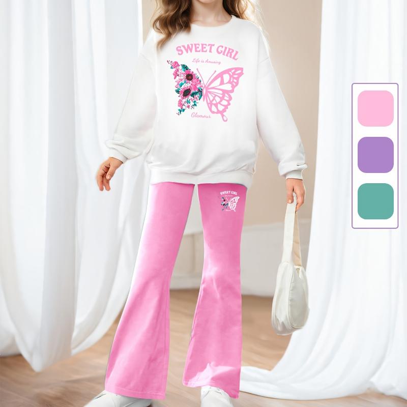 Комплект из 2 предметов для девочек, толстовка с длинными рукавами и принтом «бабочка» + расклешенные брюки, повседневный детский костюм на осень