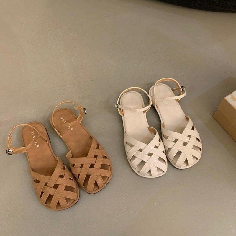 Сандалии женские 2024 новые летние модные французские мягкие кожаные плетеные плоские повседневные ретро-туфли Baotou Casual Sandalias De Mujer
