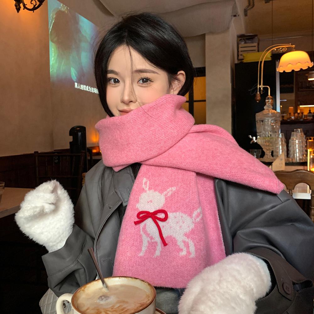 Knitted wool autumn and winter cold-proof versatile warm comfortable neck protection scarf three-dimensional bow jacquard deer scarf