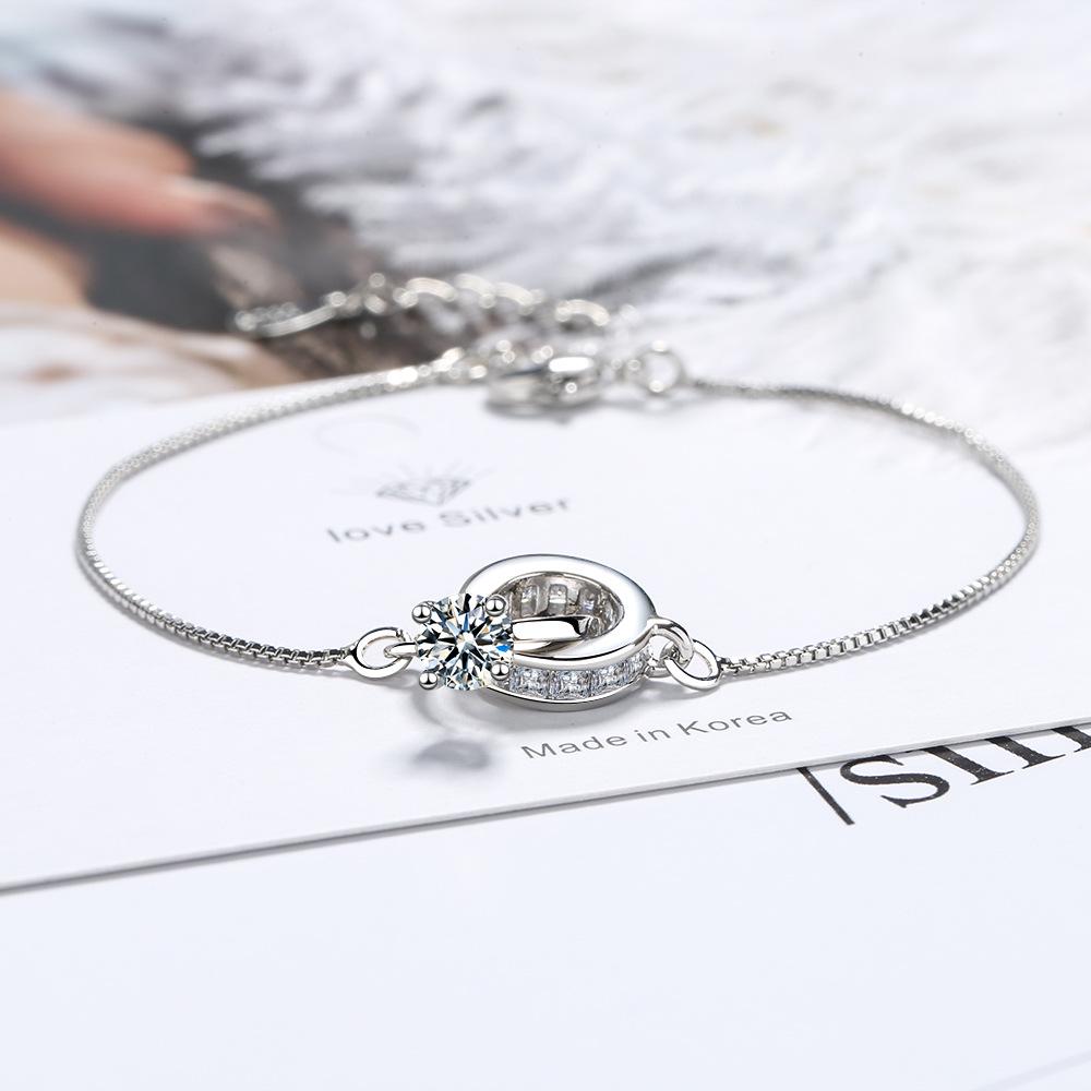 Simple Fashion 925 Sterling Silver Crystal Double Rings Charm Bracelet for Women Wedding Party Jewelry Gift Pulseira Jljflka