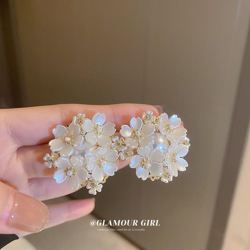 Pearl Tassel Earrings with Silver Needle & Floral Design – Medieval Vintage Style for Women