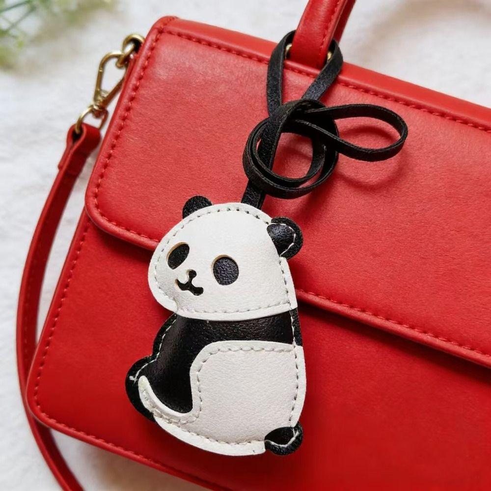 PU Leather Panda Keychain Key Ring Bag Hanging Charms Funny Panda Pendant Lanyard Gift