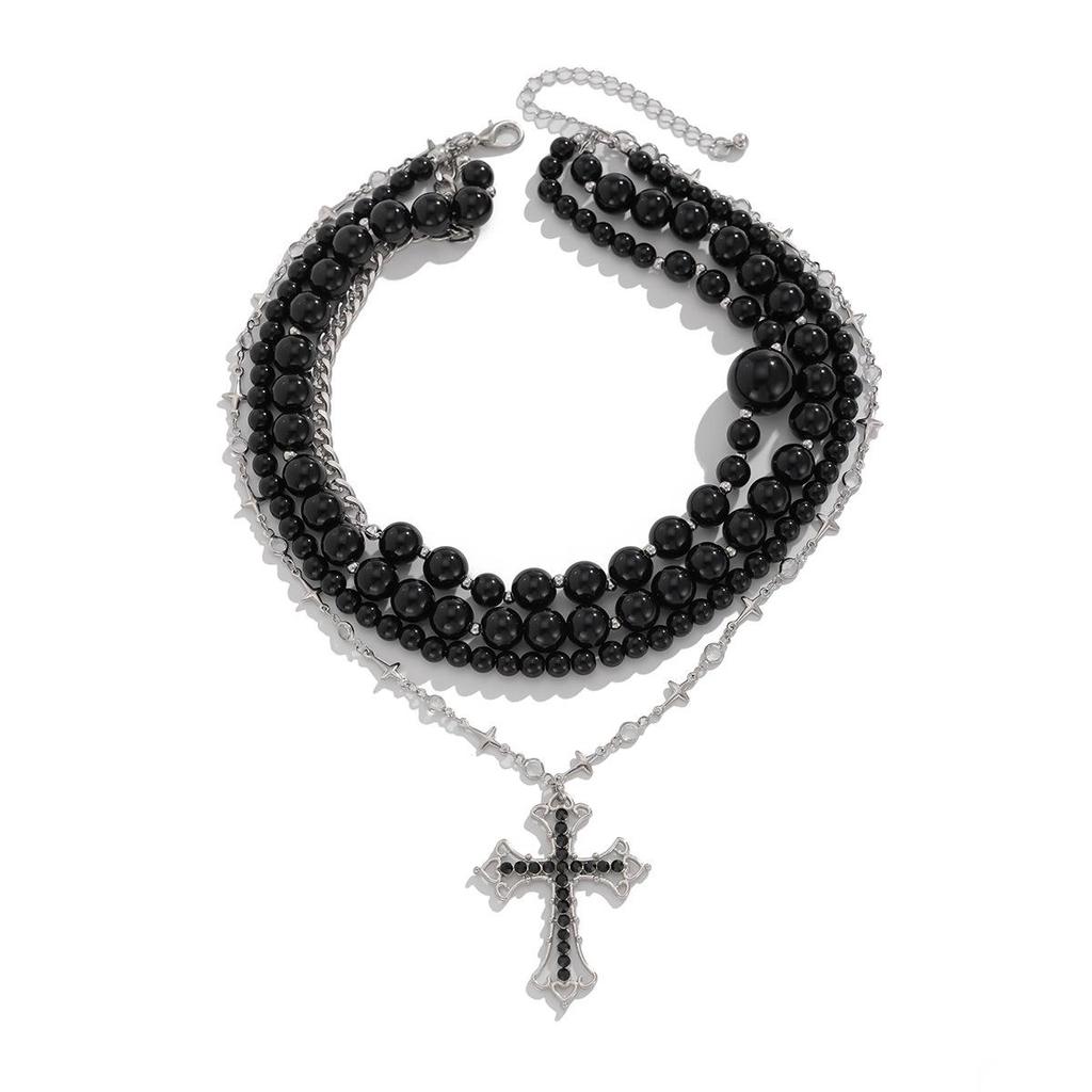 Dark Style Acrylic Beaded Necklace with Cross Pendant - All-Match European and American Fashion for Women