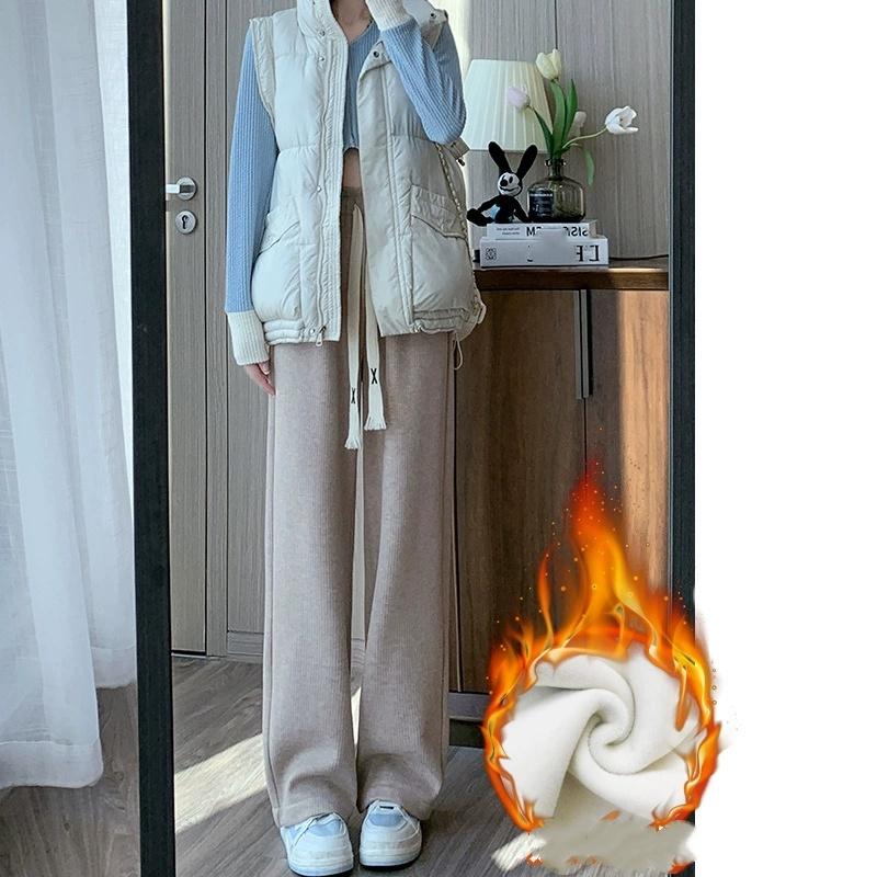 Winter Lady High Waisted Fleece Pants Girls Warm Thermal Straight Leg Trousers Female Classic Solid Drawstring Pants