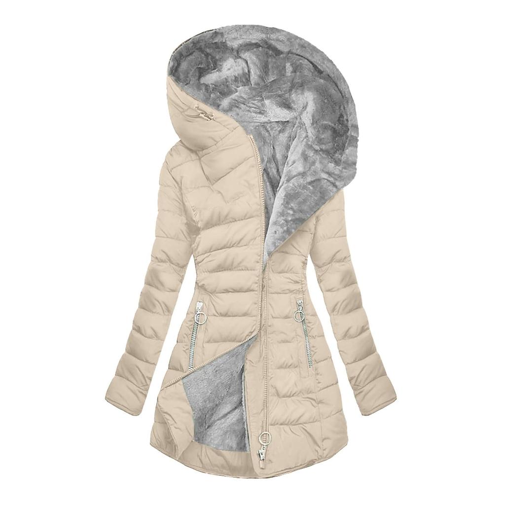 Solid Color Long Sleeve Zippered Slim Fit Women's Winter Hooded Jacket