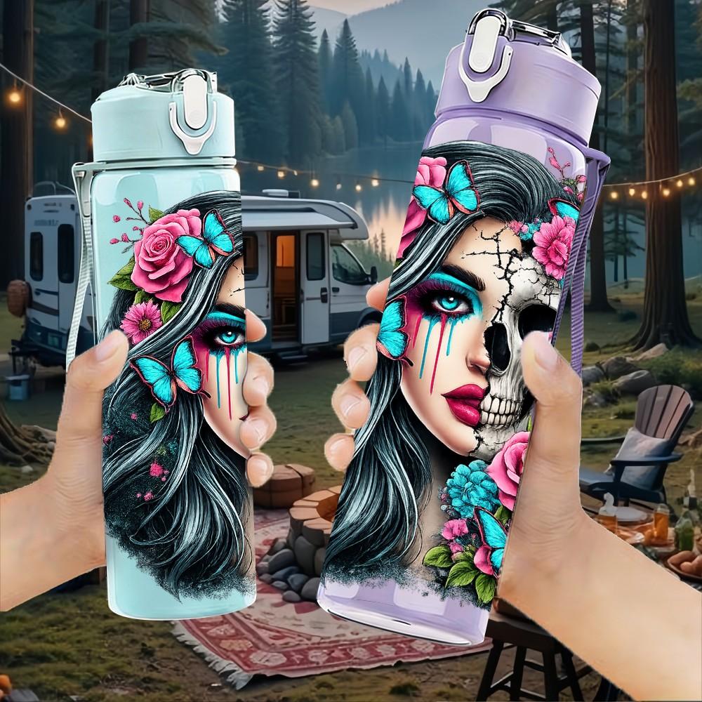 1PC Flower Lady Sugar Skull Print 750ml Color Plastic Sports Water Bottle Leakproof Flip Straw Lid Suitable for Sports Office Home Use