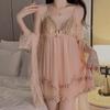 Sweet Girls Robe Dress Set Women Winter Sexy Mesh Lace Dress with Padded Deep V Backless Dress Robe Set of 2