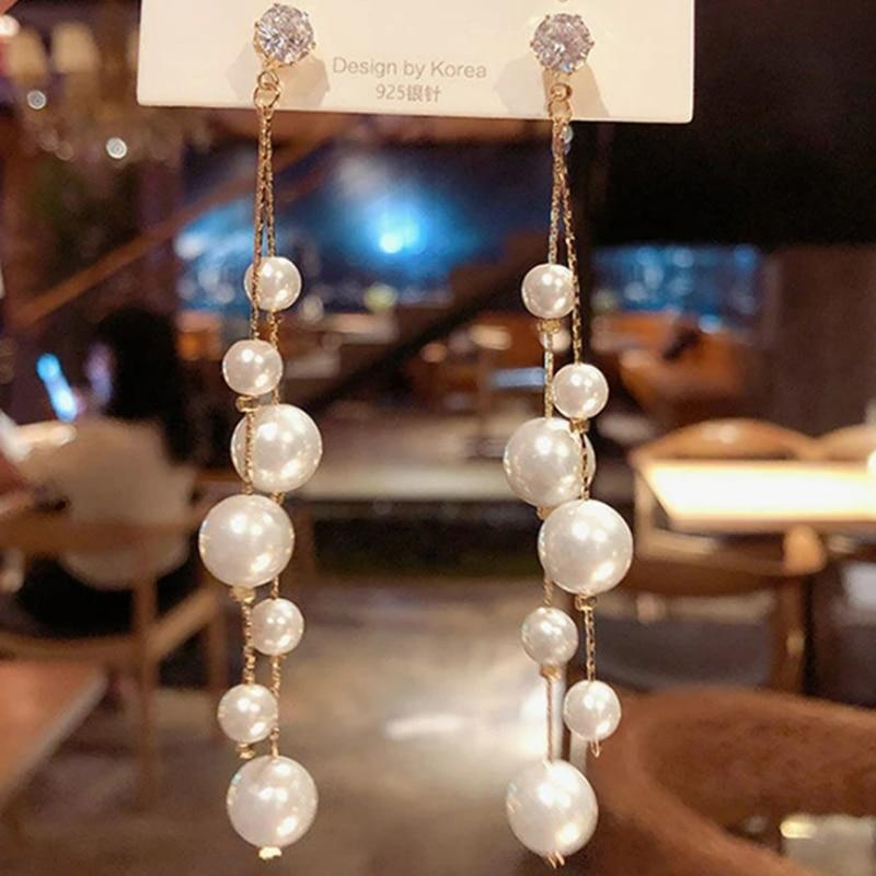 Cercei Dama Women's Asymmetric Multi-Bead Crystal Long Earrings Fashion Pearl Theme Gold Elegant Double Model EFAYN