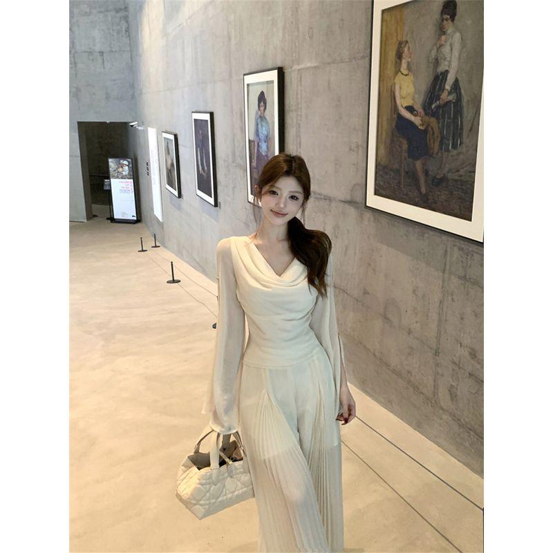 Kumikumi Модный костюм Элегантный отложной воротник Рубашка с длинными рукавами Женский Осенний С высокой талией Приталенный Широкие брюки Набор из двух предметов