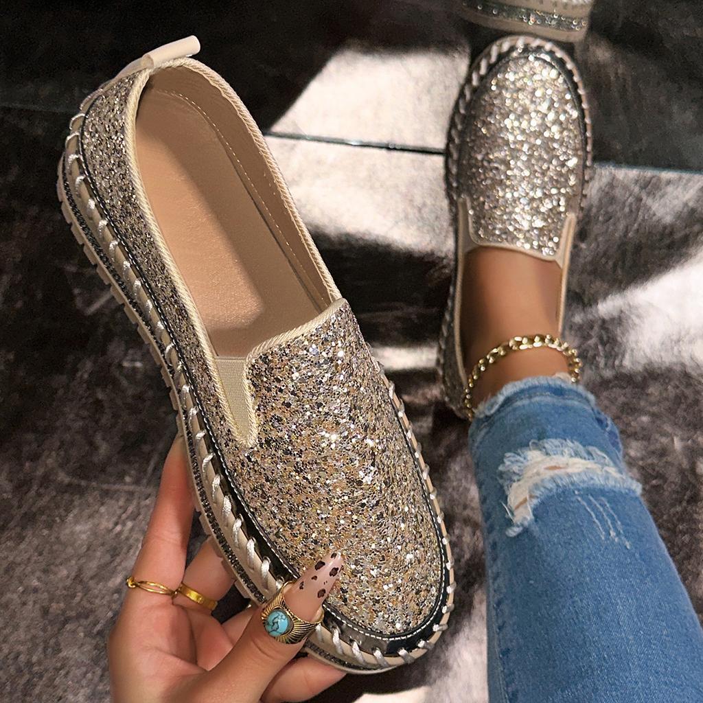 Fashion Women's Bling Rhinestone Decor Flats Comfort Thick Sole Slip On Casual Shoes Woman Fashion Gold Silver Glitter Platform Loafers