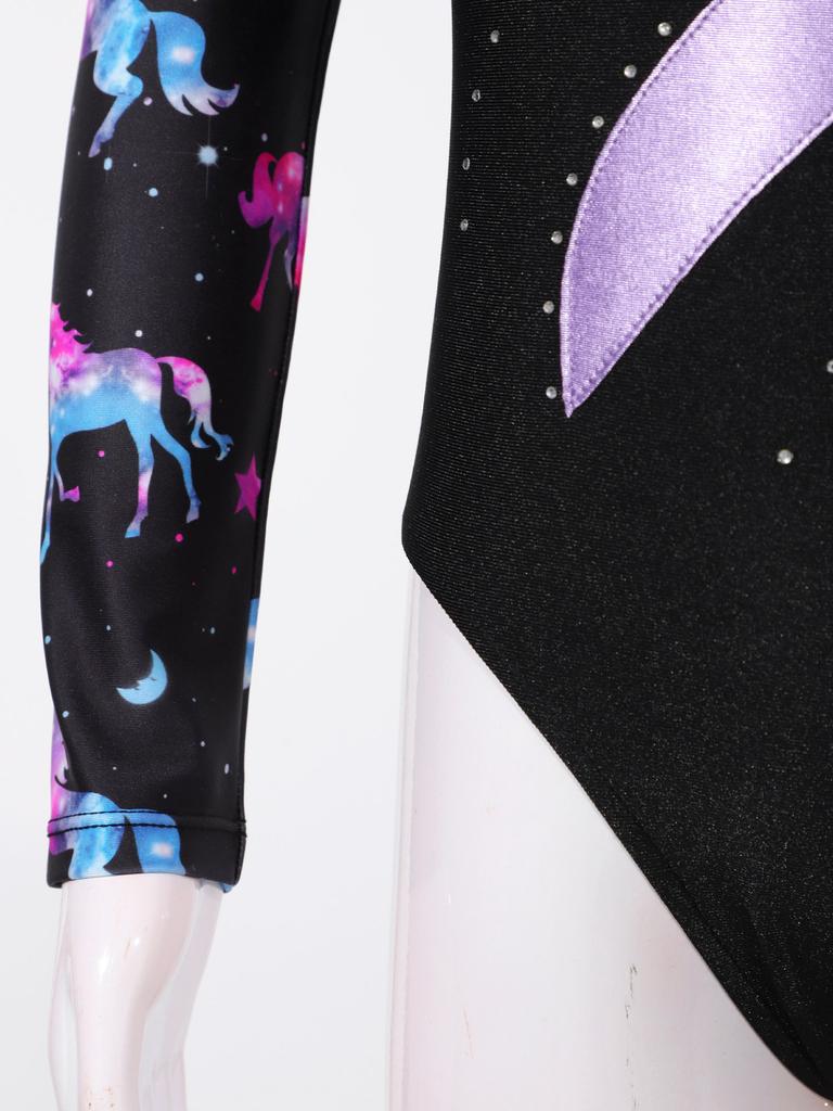 Детский гимнастический купальник с блестящим декором из стразов для девочек, боди с круглым вырезом и длинными рукавами для фитнеса и танцев, наряд