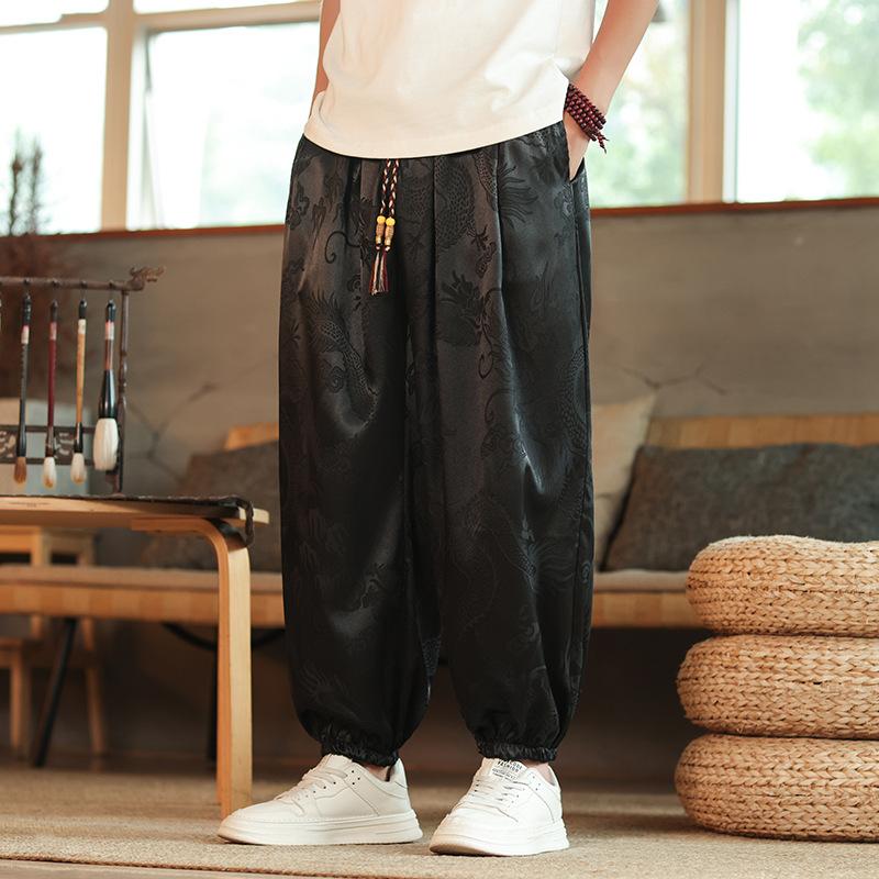 Outdoor Pants Men Lce Silk Dragon Dark Flower Loose Bloomers Wide Leg Casual Trousers Male