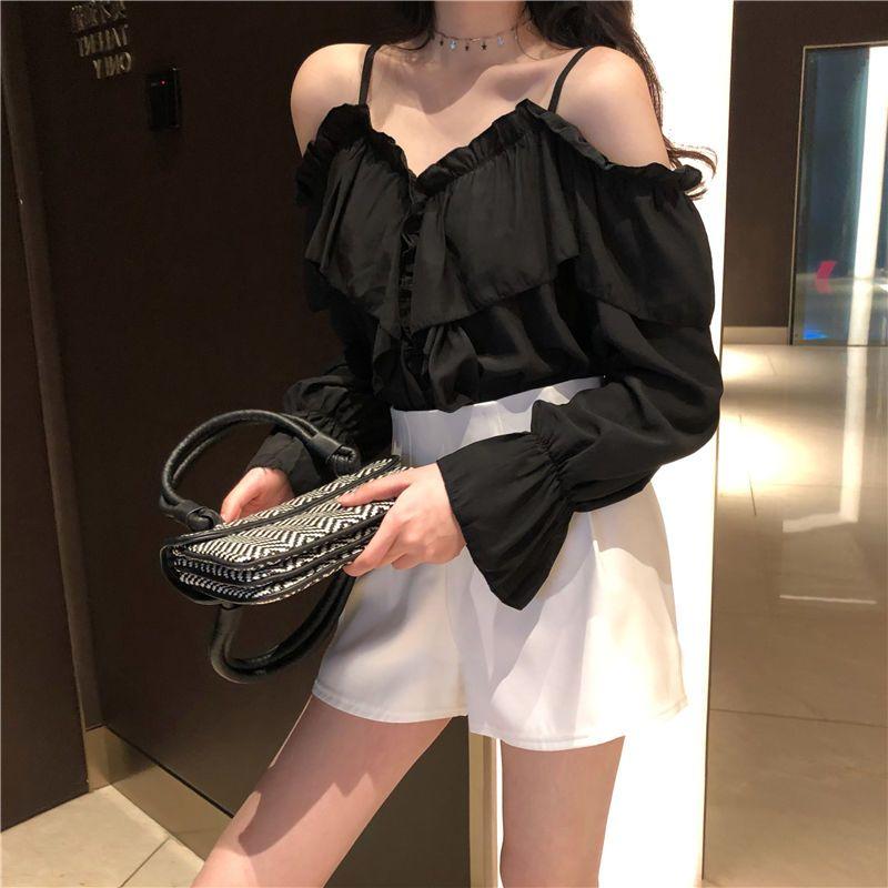 Sexy Off Shoulder Blouses Women Ruffles Solid Slash Neck Chiffon Shirts Office Lady Korean Flare Long Sleeve Casual Tops