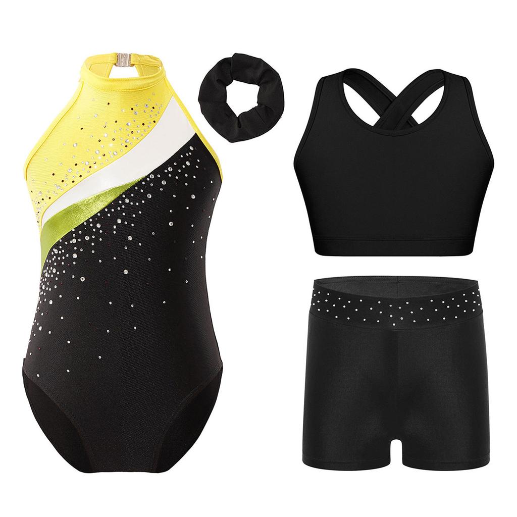 Girls Rhinestone Gymnastics Costume Set with Sleeveless Leotard Vest Shorts Waistband and Hair Band