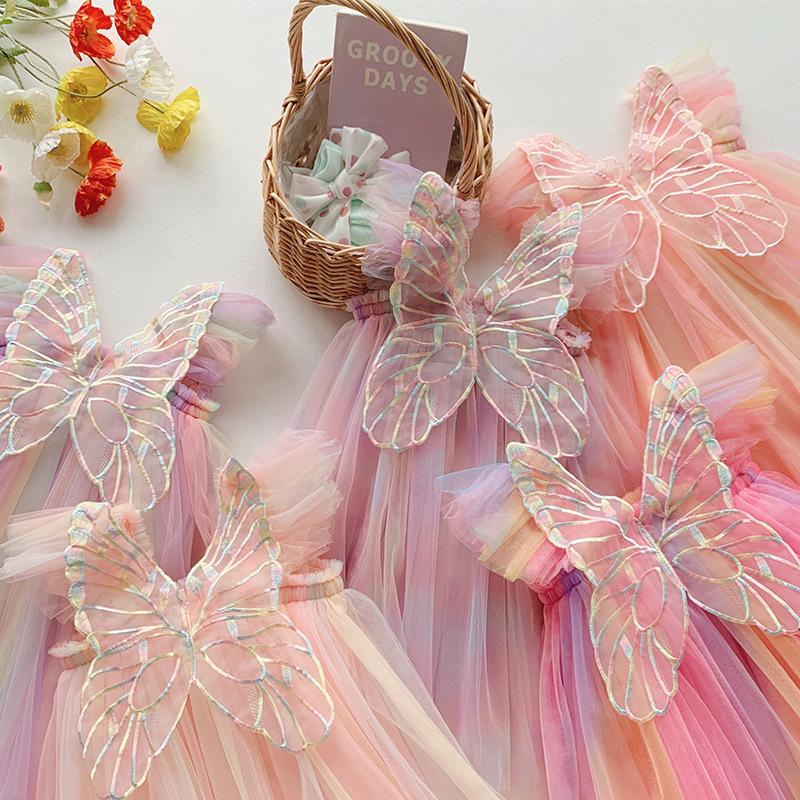 Girls Summer Rainbow Tulle Princess Dress With Flutter Sleeves And Puffy Skirt For Kids Party Wear