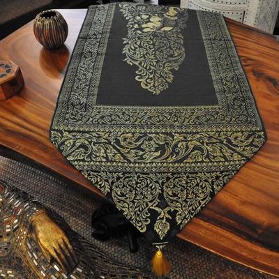 Черная скамейка с золотыми помпонами 23x200см - Изготовлена из искусственного тайского шелка