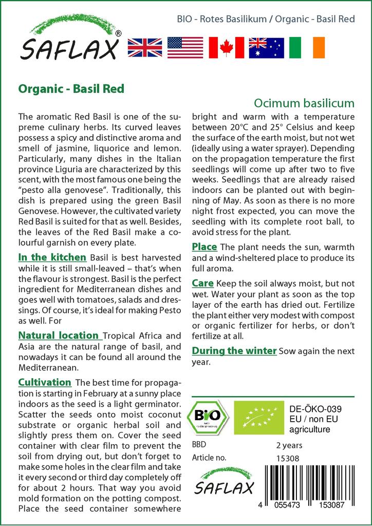 SAFLAX Garden in the Bag - Органический - Базилик красный - 400 семян - С субстратом в подходящем пакете - Ocimum basilicum