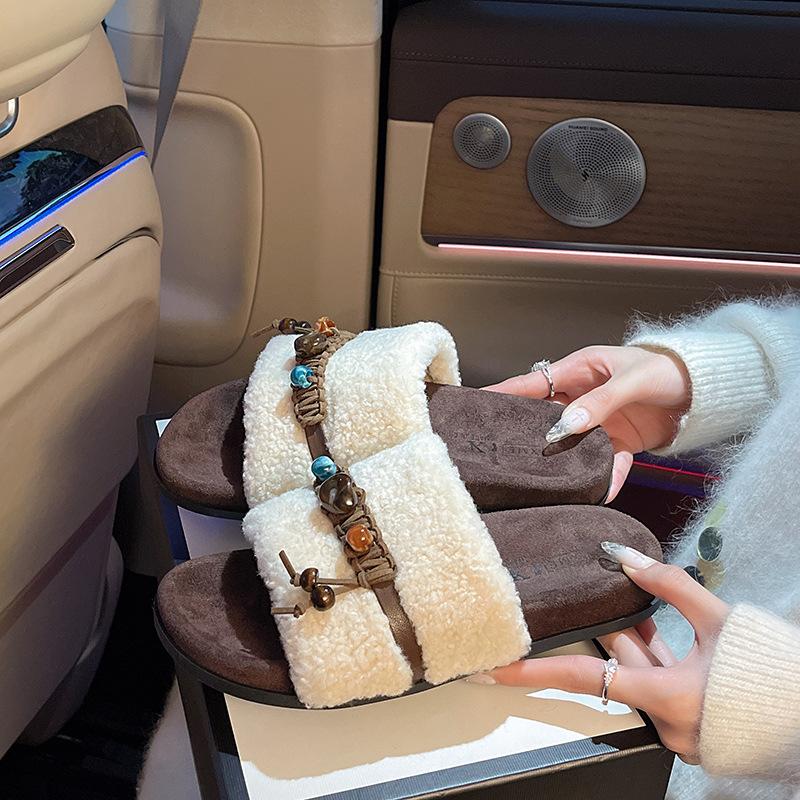 Ретро универсальные тапочки из овечьей шерсти с открытым носком для женской верхней одежды 2025 осень-зима новые повседневные хлопковые мопы на плоской подошве