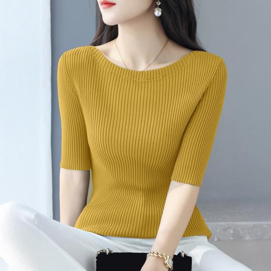 Женские топы Slim Fit, однотонные, ребристые, с круглым вырезом и коротким рукавом, эластичные, с короткими рукавами, топы для повседневной носки