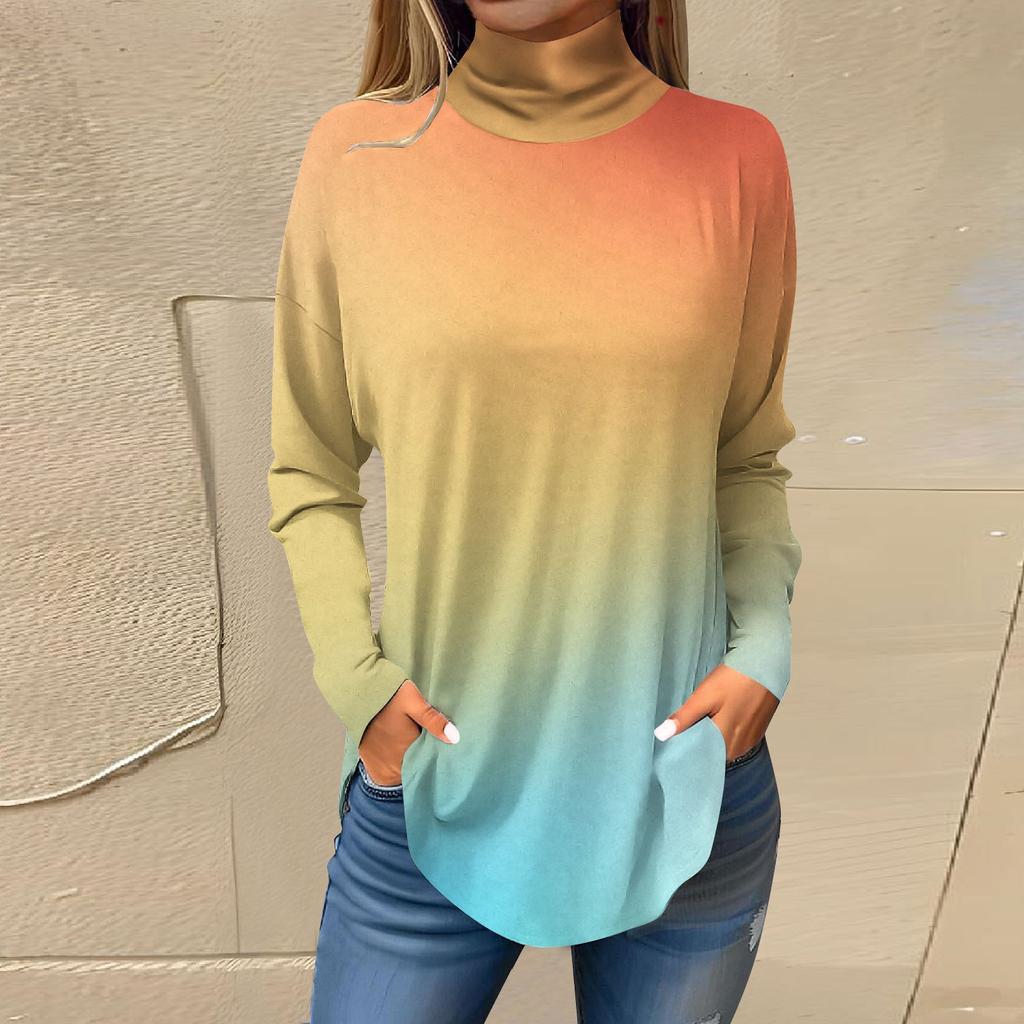 Футболки для женщин, осенние повседневные рубашки с длинными рукавами, толстовка с винтажным принтом, топ с высоким воротом, пуловер