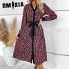 Women's Fashion Summer Spring Leopard Print Long Sleeve V-Neck High Waist Casual Dresses
