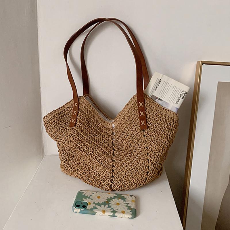 Summer Straw Bucket Shoulder Bag Women Large Capacity Beach Bags Vacation Rattan Tote Bag