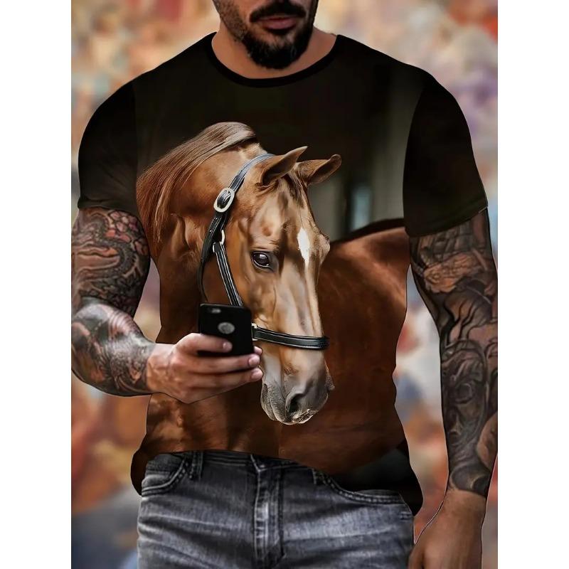 Black White Horse Graphic 3d Full Print T-shirt For Men Fashion Short Sleeve Crew Neck Tshirt Casual Summer Oversized Top