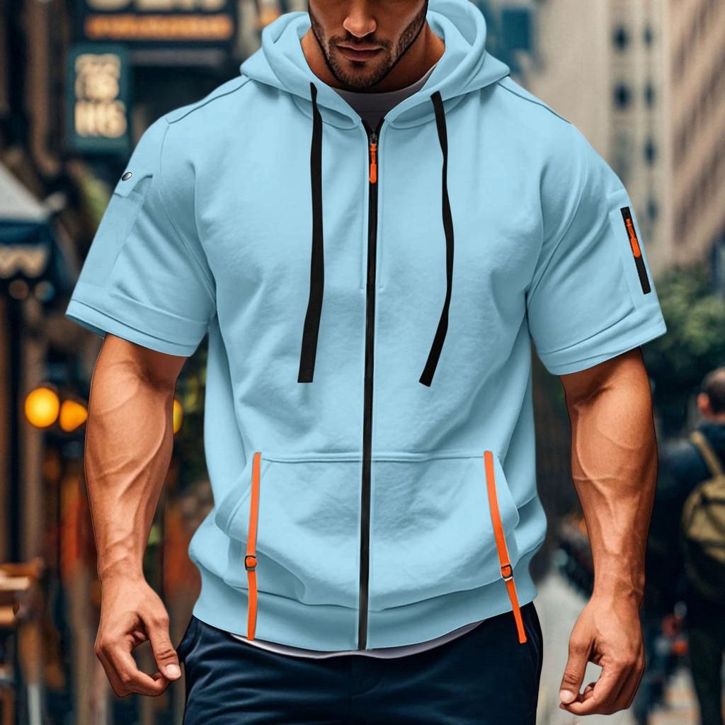 Men's Casual Short-sleeved Sweatshirt. Loose And Breathable Solid-color Sweatshirt Jacket With Multiple Pockets And A Zipper.