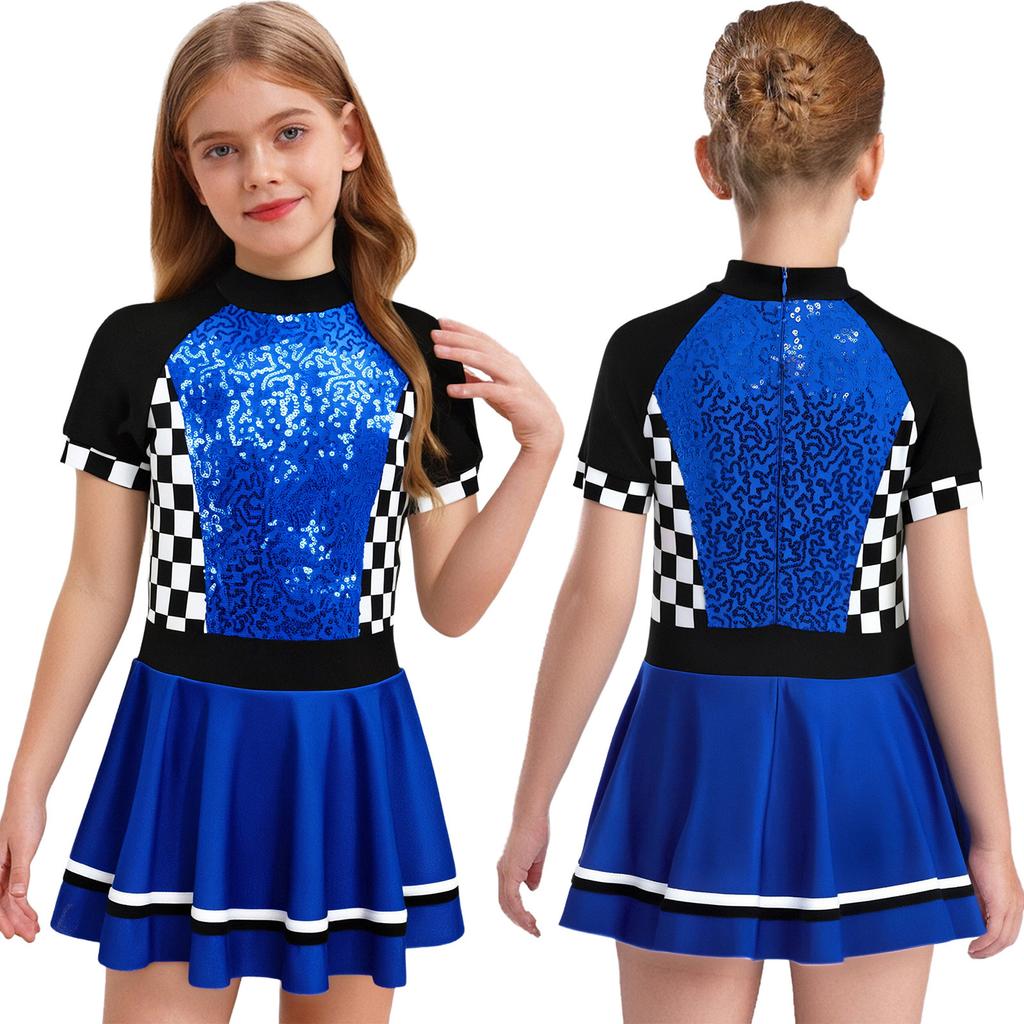 Kids Halloween Racing Costume Mock Neck Short Sleeve Back Zipper Checkerboard Sequins Dress Built-in Underwear for Theme Party