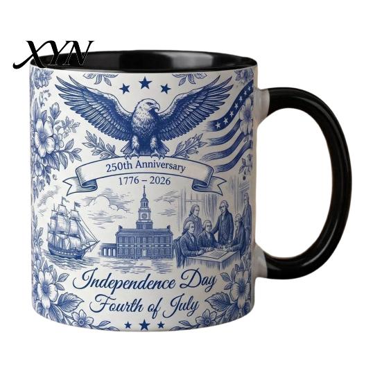 Independence Day Cup USA 250th Anniversary Blue Mug, Patriotic Ceramic Coffee with Heritage Eagle Flag Design, Gift for Veterans Men Women Durable