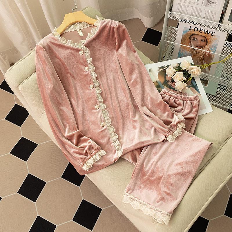 Пижамный комплект женский бархатный с длинным рукавом кружевной милый принцесса дворцовый стиль пижамы домашняя одежда свободная повседневная ночная рубашка велюровая пижама